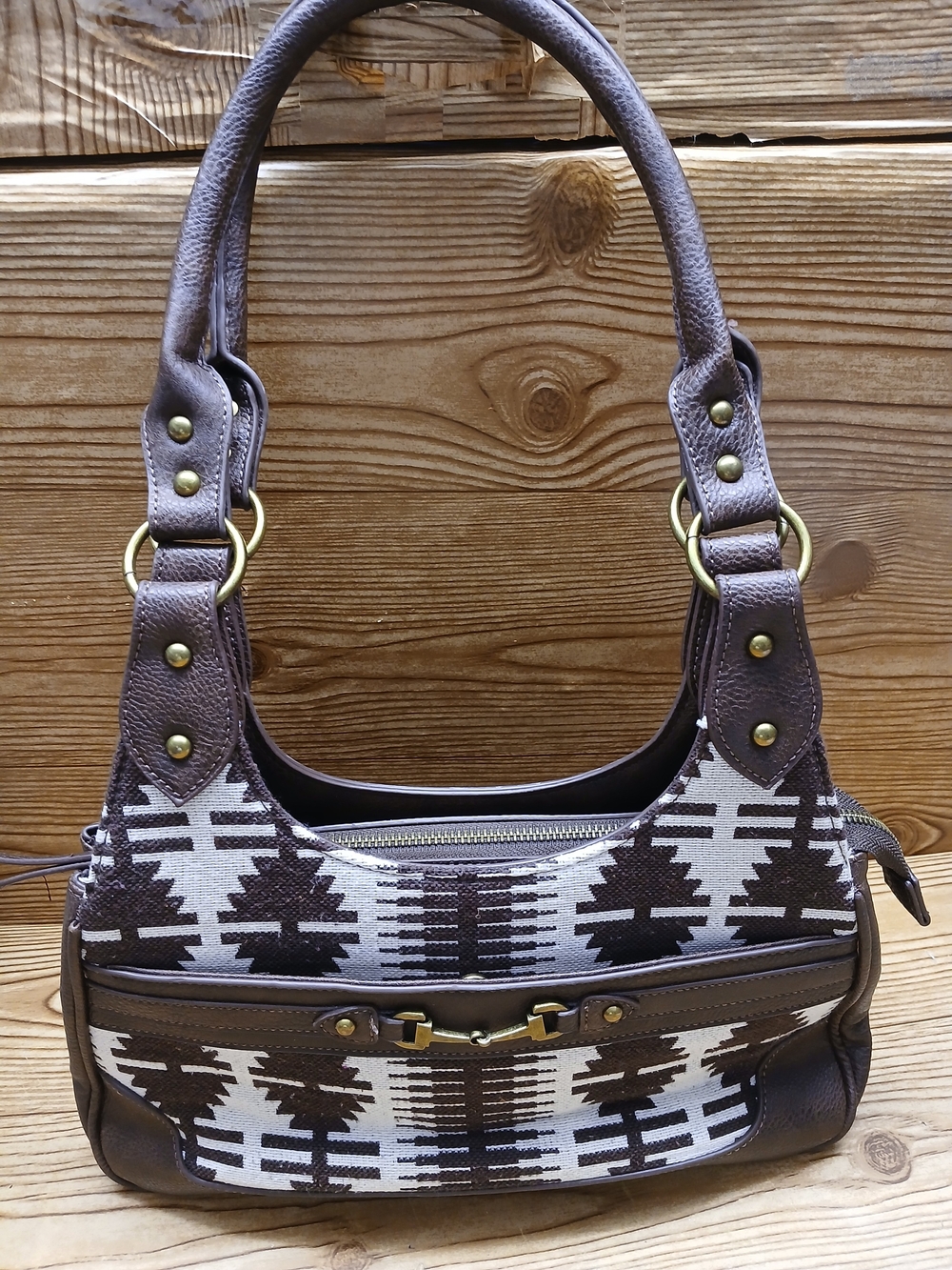 Brown Aztec-Pattern Shoulder Bag with Gold Hardware